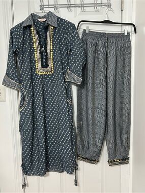 2 piece Indian Pakistani suit in white and blue with gold accent coins